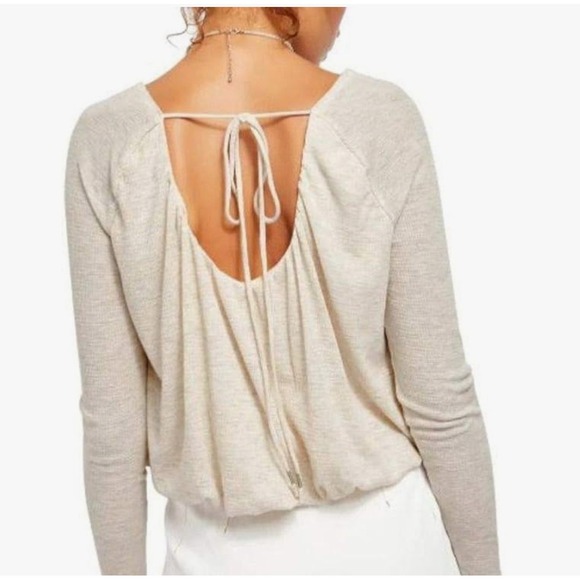 Long Sleeve Tie Back Crop‎ Top Waffle Knit Casual Beige - Picture 1 of 10